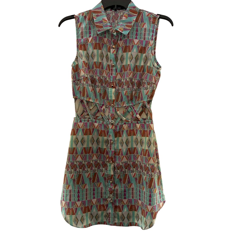 Do & Be Mini Shirt Dress Womens S Multicolor Geometric Tribal Print Cutout Boho